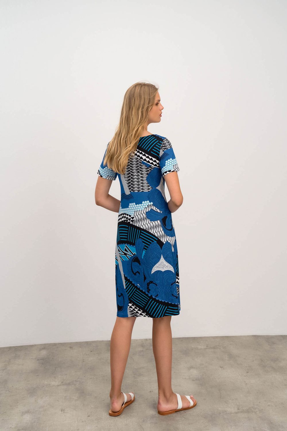 Vamp - Εμπριμέ Φόρεμα με Κοντό Μανίκι 16422 BLUE AEGEAN